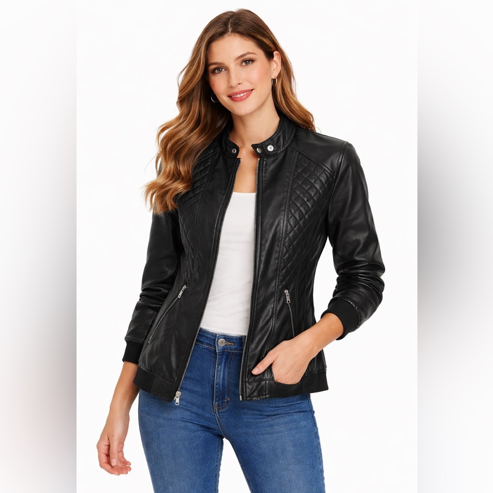 Black Quilted Faux Leather Ci Sono Quilted Moto Biker Jacket Sz Med